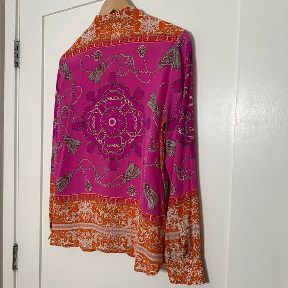 Maeve Anthropologie Potala Blouse Sz 8 Pink Orange Scarf Print Silk Button Up - Picture 7 of 12